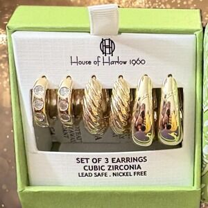 House of Harlow 1960 Gold Tone Hoop Earrings CZ-Textured & Polished-Set of 3